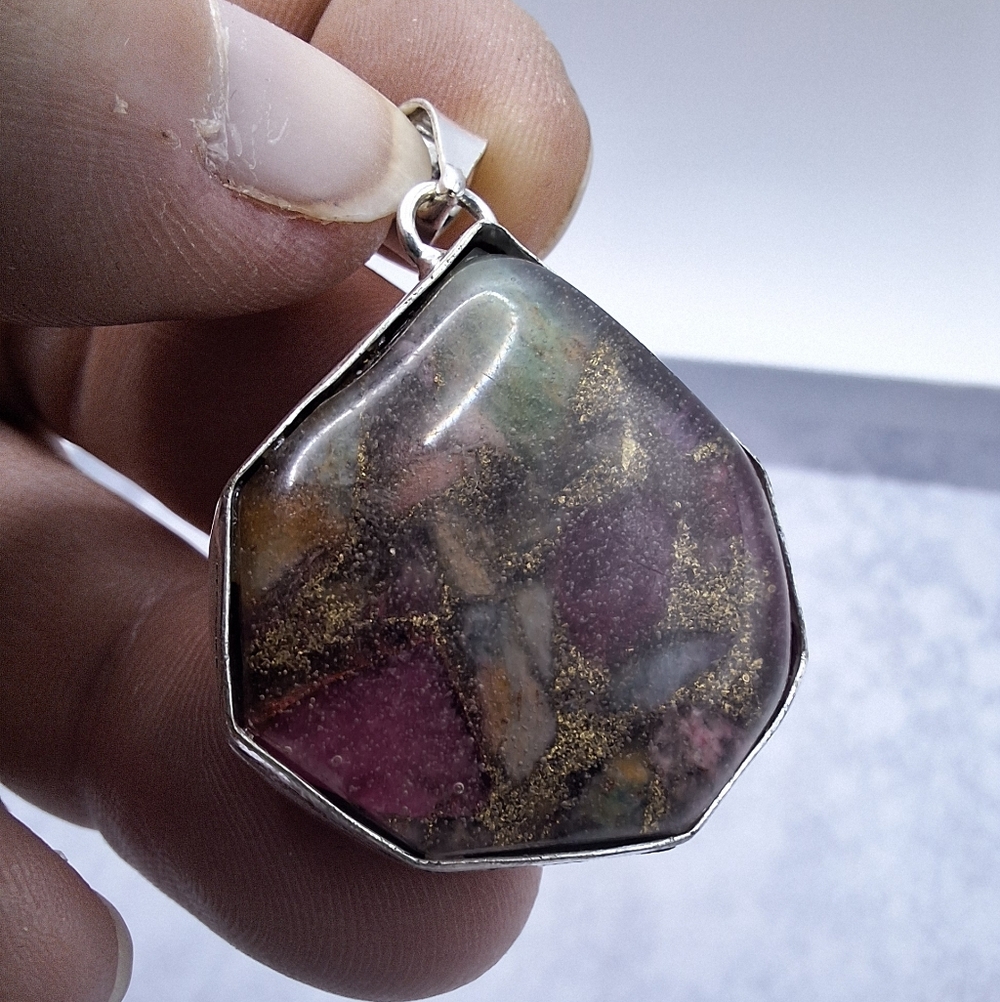Watermelon Tourmaline Geometric Pendant 925 Silver Plated Handmade 1.42" - Picture 3 of 7